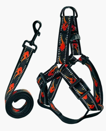 Köpek Göğüs Tasma Seti Reflektörlü Alev Desenli 120 cm-48 cm-70 cm Siyah