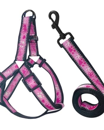 Köpek Göğüs Tasma Seti Reflektörlü Taç Desenli 120 cm-50 cm-70 cm Pembe