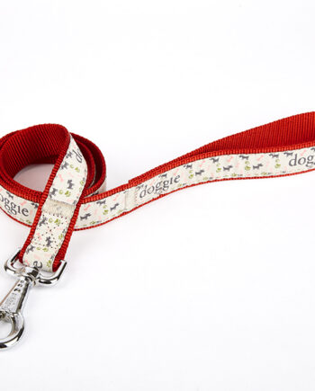 Doggie Desenli Süslü Dokuma Köpek Gezdirme Kayışı  El Yapımı 2,5 x 120 cm Kırmızı