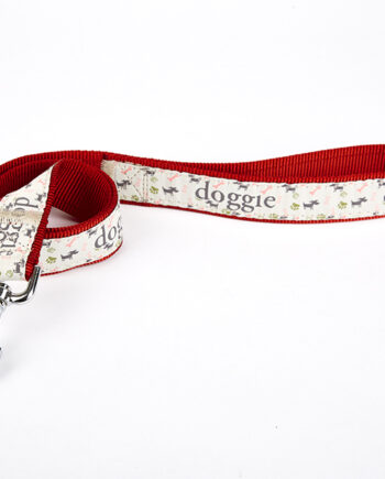 Doggie Desenli Süslü Dokuma Köpek Gezdirme Kayışı  El Yapımı 3 x 100 cm Kırmızı