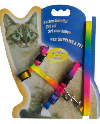 Gök Kuşağı Desen Kedi Göğüs Bel Tasma Takımı