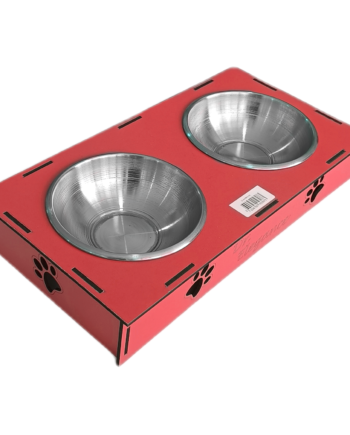 Ahşap Sehpalı İkili Devrilmez Kedi Köpek Su Ve Mama Kabı 34 cm - 300 ml Kırmızı