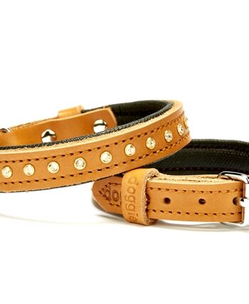 Doggie Konforlu Deri Swarovski Kristal Taşlı Köpek Boyun Tasması 1,5 x 20-26 cm Kamel