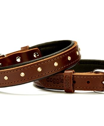 Doggie Konforlu Deri Swarovski Kristal Taşlı Köpek Boyun Tasması 2 x 28-34 cm Kahverengi