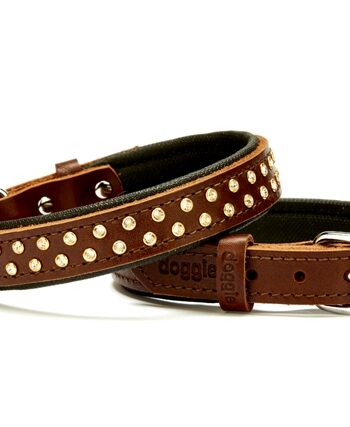 Doggie Konforlu Deri Swarovski Kristal Taşlı Köpek Boyun Tasması 2 x 32-39 cm Kahverengi