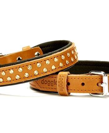 Doggie Konforlu Deri Swarovski Kristal Taşlı Köpek Boyun Tasması 2 x 32-39 cm Kamel