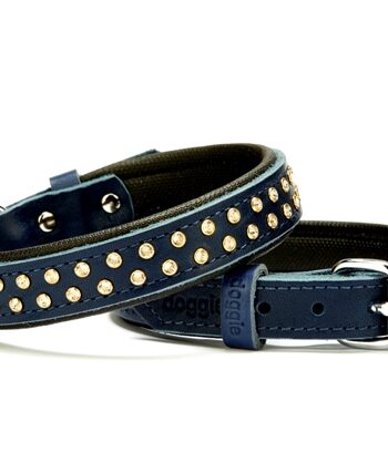 Doggie Konforlu Deri Swarovski Kristal Taşlı Köpek Boyun Tasması 2 x 32-39 cm Mavi