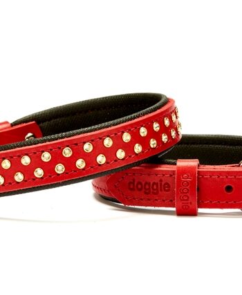 Doggie Konforlu Deri Swarovski Kristal Taşlı Köpek Boyun Tasması 2 x 28-34 cm Kırmızı