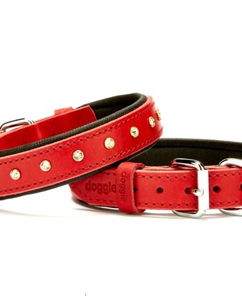 Doggie Konforlu Deri Swarovski Kristal Taşlı Köpek Boyun Tasması 3 x 38-46 cm Kırmızı