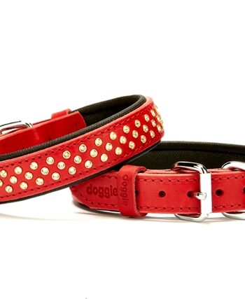 Doggie Konforlu Deri Swarovski Kristal Taşlı Köpek Boyun Tasması 3 x 42-50 cm Kırmızı
