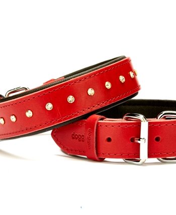 Doggie Konforlu Deri Swarovski Kristal Taşlı Köpek Boyun Tasması 3,5 x 50-59 cm Kırmızı