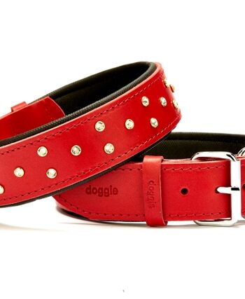 Doggie Konforlu Deri Swarovski Kristal Taşlı Köpek Boyun Tasması 4 x 47-55 cm Kırmızı