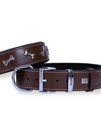 Doggie Gerçek Deriden El Yapımı Kemik Süslü Köpek Boyun Tasması 4x52-60 cm Kahverengi